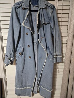 NWOT Light Blue Denim Trench Coat with Frayed Trim Sz M